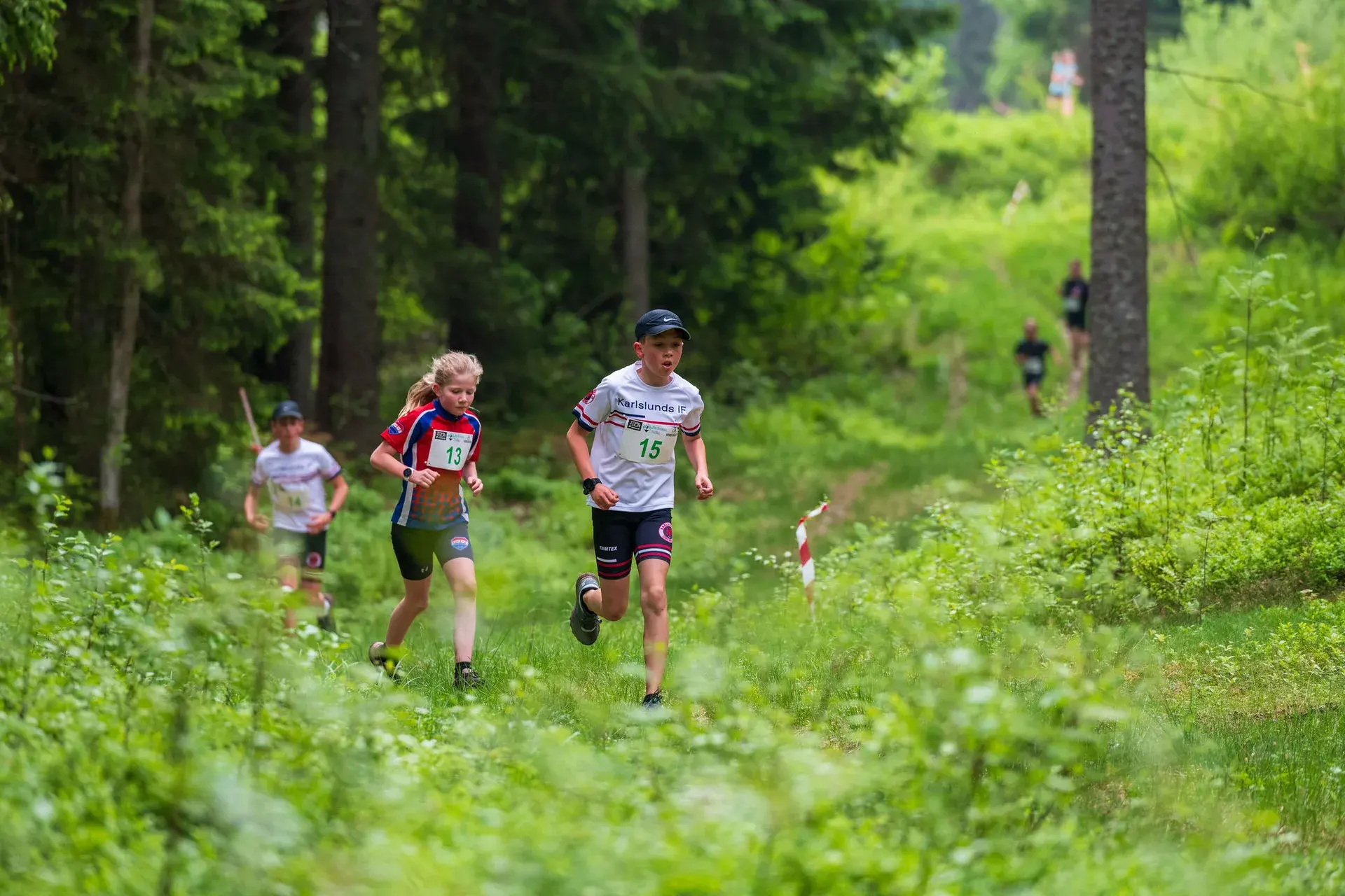 Barn springer i bredd över en grön glänta i granskogen under barnloppet, 2024