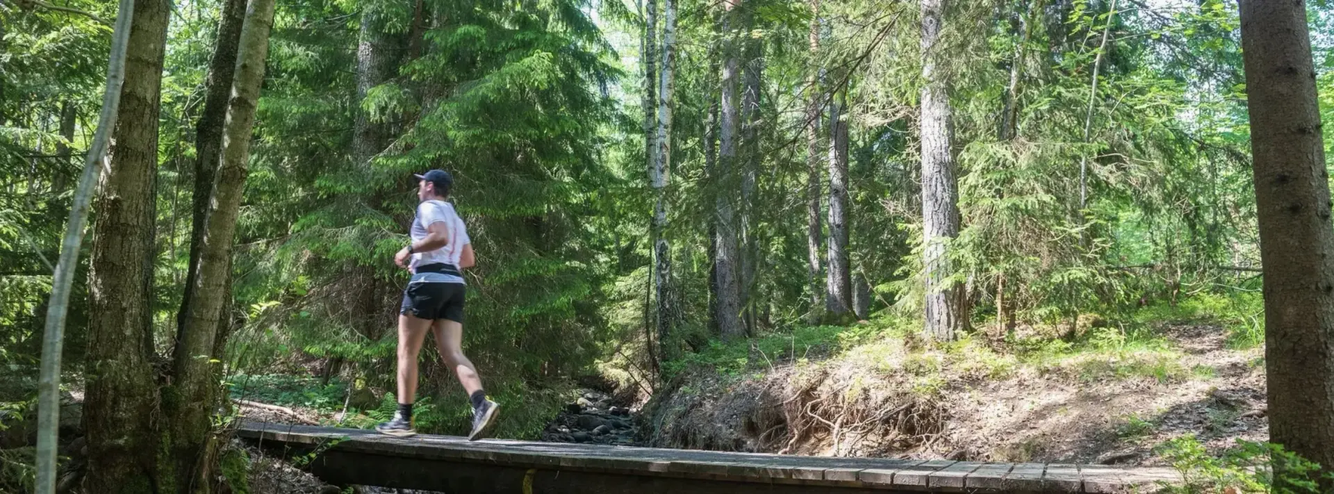 A runner on the boardwalk through the spruce forest in Kilsbergen